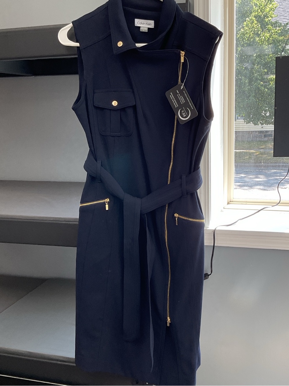 Calvin Klein Navy Sleeveless Belted Midi Dress with Gold Zipper